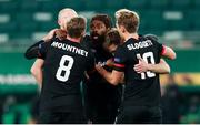 5 November 2020; Dunalk players, including Nathan Oduwa, centre, celebrate after David McMillan of Dundalk scored his side's second goal, from a penalty, during the UEFA Europa League Group B match between SK Rapid Wien and Dundalk at Allianz Stadion in Vienna, Austria. Photo by Vid Ponikvar/Sportsfile