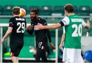 5 November 2020; Nathan Oduwa, centre, and David McMillan of Dundalk react after earning a second penalty during the UEFA Europa League Group B match between SK Rapid Wien and Dundalk at Allianz Stadion in Vienna, Austria. Photo by Vid Ponikvar/Sportsfile