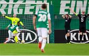 5 November 2020; Aaron McCarey, left, Andy Boyle, and Chris Shields of Dundalk react after Kelvin Arase of SK Rapid Wien, left, scored his side's third goal during the UEFA Europa League Group B match between SK Rapid Wien and Dundalk at Allianz Stadion in Vienna, Austria. Photo by Vid Ponikvar/Sportsfile