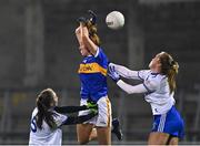 6 November 2020; Aishling Moloney of Tipperary in action against Rosemary Courtney, left, and Abbie McCarey of Monaghan during the TG4 All-Ireland Senior Ladies Football Championship Round 2 match between Monaghan and Tipperary at Parnell Park in Dublin. Photo by Eóin Noonan/Sportsfile