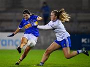 6 November 2020; Roisin Howard of Tipperary scores her side's second goal despite the efforts of Jennifer Duffy of Monaghan during the TG4 All-Ireland Senior Ladies Football Championship Round 2 match between Monaghan and Tipperary at Parnell Park in Dublin. Photo by Eóin Noonan/Sportsfile