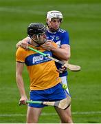 7 November 2020; Cathal Malone of Clare in action against Ryan Mullaney of Laois during the GAA Hurling All-Ireland Senior Championship Qualifier Round 1 match between Clare and Laois at UPMC Nowlan Park in Kilkenny. Photo by Brendan Moran/Sportsfile