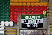 7 November 2020; A steward hangs up a Shamrock Rovers banner prior to the SSE Airtricity League Premier Division match between Shamrock Rovers and Derry City at Tallaght Stadium in Dublin. Photo by Seb Daly/Sportsfile