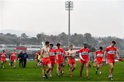 7 November 2020; Derry players leave the field dejected following their sides defeat in the Christy Ring Cup Round 2B match between Derry and Offaly at Páirc Esler in Newry, Down. Photo by Sam Barnes/Sportsfile