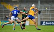 7 November 2020; Aron Shanagher of Clare in action against Lee Cleere and Donncha Hartnett of Laois during the GAA Hurling All-Ireland Senior Championship Qualifier Round 1 match between Clare and Laois at UPMC Nowlan Park in Kilkenny. Photo by Brendan Moran/Sportsfile