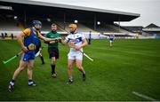 7 November 2020; Team captains David McInerney, left, and Enda Rowland of Laois fist bump prior to the GAA Hurling All-Ireland Senior Championship Qualifier Round 1 match between Clare and Laois at UPMC Nowlan Park in Kilkenny. Photo by Brendan Moran/Sportsfile