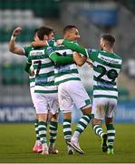 7 November 2020; Graham Burke of Shamrock Rovers, centre, is congratulated by team-mates Jack Byrne, right, and Dylan Watts after scoring his side's first goal during the SSE Airtricity League Premier Division match between Shamrock Rovers and Derry City at Tallaght Stadium in Dublin. Photo by Seb Daly/Sportsfile