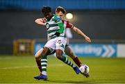 7 November 2020; Thomas Oluwa of Shamrock Rovers in action against Cameron McJannett of Derry City during the SSE Airtricity League Premier Division match between Shamrock Rovers and Derry City at Tallaght Stadium in Dublin. Photo by Seb Daly/Sportsfile