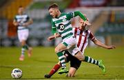 7 November 2020; Jack Byrne of Shamrock Rovers in action against Ciaron Harkin of Derry City during the SSE Airtricity League Premier Division match between Shamrock Rovers and Derry City at Tallaght Stadium in Dublin. Photo by Seb Daly/Sportsfile