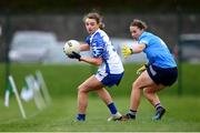 7 November 2020; Rebecca Casey of Waterford in action against Orlagh Nolan of Dublin during the TG4 All-Ireland Senior Ladies Football Championship Round 2 match between Dublin and Waterford at Baltinglass GAA Club in Baltinglass, Wicklow. Photo by Stephen McCarthy/Sportsfile