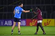 7 November 2020; Dean Rock of Dublin and Boidu Sayeh of Westmeath fist bump following the Leinster GAA Football Senior Championship Quarter-Final match between Dublin and Westmeath at MW Hire O'Moore Park in Portlaoise, Laois. Photo by Harry Murphy/Sportsfile