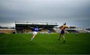 7 November 2020; Conor Phelan of Laois attempts to block a shot by Diarmuid Ryan of Clare during the GAA Hurling All-Ireland Senior Championship Qualifier Round 1 match between Clare and Laois at UPMC Nowlan Park in Kilkenny. Photo by Brendan Moran/Sportsfile