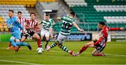 7 November 2020; Aaron McEneff of Shamrock Rovers shoots wide under pressure from Peter Cherrie, left, and Cameron McJannett of Derry City during the SSE Airtricity League Premier Division match between Shamrock Rovers and Derry City at Tallaght Stadium in Dublin. Photo by Seb Daly/Sportsfile