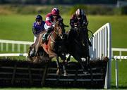 8 November 2020; Joshua Webb, right, with Sean Flanagan up, jumps the last alongside eventual second place Grangeclare Native, left, with Rachael Blackmore up, on their way to winning the Ladbrokes Giving Extra Places Every Day Maiden Hurdle at Navan Racecourse in Meath. Photo by Seb Daly/Sportsfile