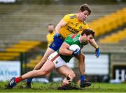 8 November 2020; Aidan O'Shea of Mayo in action against Seán Mullooly of Roscommon during the Connacht GAA Football Senior Championship Semi-Final match between Roscommon and Mayo at Dr Hyde Park in Roscommon. Photo by Ramsey Cardy/Sportsfile