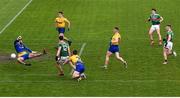 8 November 2020; Diarmuid O'Connor of Mayo scores his side's first goal past Roscommon goalkeeper Colm Lavin during the Connacht GAA Football Senior Championship Semi-Final match between Roscommon and Mayo at Dr Hyde Park in Roscommon. Photo by Ramsey Cardy/Sportsfile