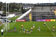 8 November 2020; Diarmuid O'Connor of Mayo shoots to score his side's first goal past Roscommon goalkeeper Colm Lavin during the Connacht GAA Football Senior Championship Semi-Final match between Roscommon and Mayo at Dr Hyde Park in Roscommon. Photo by Ramsey Cardy/Sportsfile