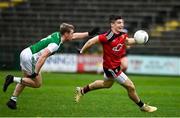 8 November 2020; Daniel McGuinness of Down in action against Cain McManus of Fermanagh during the Ulster GAA Football Senior Championship Quarter-Final match between Fermanagh and Down at Brewster Park in Enniskillen, Fermanagh. Photo by Sam Barnes/Sportsfile