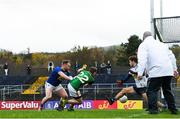 8 November 2020; Joey Wallace of Meath scores the fourth goal past Wicklow goalkeeper Mark Jackson and defender Eoin Murtagh during the Leinster GAA Football Senior Championship Quarter-Final match between Wicklow and Meath at the County Grounds in Aughrim, Wicklow. Photo by Matt Browne/Sportsfile