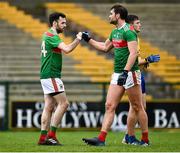 8 November 2020; Aidan O'Shea, right, and Kevin McLoughlin of Mayo fist bump following the Connacht GAA Football Senior Championship Semi-Final match between Roscommon and Mayo at Dr Hyde Park in Roscommon. Photo by Harry Murphy/Sportsfile