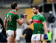 8 November 2020; Lee Keegan, right, and Aidan O'Shea of Mayo fist bump following the Connacht GAA Football Senior Championship Semi-Final match between Roscommon and Mayo at Dr Hyde Park in Roscommon. Photo by Harry Murphy/Sportsfile