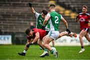 8 November 2020; Pierce Laverty of Down in action against Luke Flanagan, left, and Jonny Cassidy of Fermanagh during the Ulster GAA Football Senior Championship Quarter-Final match between Fermanagh and Down at Brewster Park in Enniskillen, Fermanagh. Photo by Sam Barnes/Sportsfile
