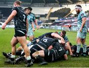 8 November 2020; James Tracy of Leinster, not pictured, is pushed over to score a try during the Guinness PRO14 match between Ospreys and Leinster at Liberty Stadium in Swansea, Wales. Photo by Chris Fairweather/Sportsfile