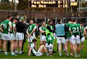 8 November 2020; Fermanagh manager Ryan McMenamin, centre, gives a team talk to his players following their defeat in the Ulster GAA Football Senior Championship Quarter-Final match between Fermanagh and Down at Brewster Park in Enniskillen, Fermanagh. Photo by Sam Barnes/Sportsfile