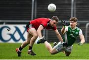 8 November 2020; Daragh McGurn of Fermanagh in action against Paul Devlin of Down during the Ulster GAA Football Senior Championship Quarter-Final match between Fermanagh and Down at Brewster Park in Enniskillen, Fermanagh. Photo by Sam Barnes/Sportsfile