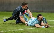 8 November 2020; Dave Kearney of Leinster dives to score his side's second try despite the attentions of Scott Williams of Ospreys during the Guinness PRO14 match between Ospreys and Leinster at Liberty Stadium in Swansea, Wales. Photo by Chris Fairweather/Sportsfile