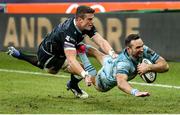 8 November 2020; Dave Kearney of Leinster dives to score his side's second try despite the attentions of Scott Williams of Ospreys during the Guinness PRO14 match between Ospreys and Leinster at Liberty Stadium in Swansea, Wales. Photo by Chris Fairweather/Sportsfile