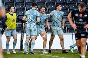 8 November 2020; Scott Penny of Leinster, centre, is congratulated by team-mates after scoring a try during the Guinness PRO14 match between Ospreys and Leinster at Liberty Stadium in Swansea, Wales. Photo by Chris Fairweather/Sportsfile