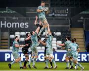 8 November 2020; Ross Molony of Leinster wins possession of the ball in a line-out during the Guinness PRO14 match between Ospreys and Leinster at Liberty Stadium in Swansea, Wales. Photo by Chris Fairweather/Sportsfile