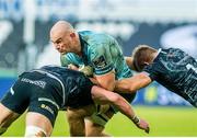 8 November 2020; Rhys Ruddock of Leinster is tackled by Gareth Thomas of Ospreys, right, during the Guinness PRO14 match between Ospreys and Leinster at Liberty Stadium in Swansea, Wales. Photo by Aled Llywelyn/Sportsfile