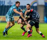 8 November 2020; Mat Protheroe of Ospreys, supported by team-mate Luke Morgan, is tackled by Liam Turner, left, and Dave Kearney of Leinster during the Guinness PRO14 match between Ospreys and Leinster at Liberty Stadium in Swansea, Wales. Photo by Aled Llywelyn/Sportsfile