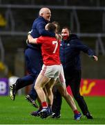 8 November 2020; Cork manager Ronan McCarthy celebrates with Mattie Taylor and Ruairi Deane at the final whistle after victory over Kerry in the Munster GAA Football Senior Championship Semi-Final match between Cork and Kerry at Páirc Uí Chaoimh in Cork. Photo by Brendan Moran/Sportsfile