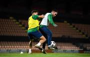 9 November 2020; Aaron Connolly is tackled by Jayson Molumby, left, during a Republic of Ireland training session at The Hive in Barnet, England. Photo by Stephen McCarthy/Sportsfile