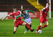 9 November 2020; Dylan Watts of Shamrock Rovers is tackled by Alex O'Hanlon of Shelbourne during the SSE Airtricity League Premier Division match between Shelbourne and Shamrock Rovers at Tolka Park in Dublin. Photo by Seb Daly/Sportsfile