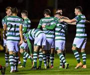 9 November 2020; Jack Byrne of Shamrock Rovers, second from right, is congratulated by team-mates after scoring his side's first goal during the SSE Airtricity League Premier Division match between Shelbourne and Shamrock Rovers at Tolka Park in Dublin. Photo by Seb Daly/Sportsfile