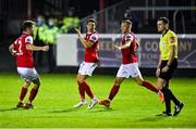 9 November 2020; Jordan Gibson of St Patrick's Athletic celebrates with team-mates Rory Feely, left, and Jamie Lennon, right, after scoring his side's first goal during the SSE Airtricity League Premier Division match between St Patrick's Athletic and Bohemians at Richmond Park in Dublin. Photo by Piaras Ó Mídheach/Sportsfile