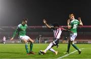9 November 2020; Walter Figueira of Derry City in action against Cian Coleman of Cork City during the SSE Airtricity League Premier Division match between Cork City and Derry City at Turners Cross in Cork. Photo by Eóin Noonan/Sportsfile