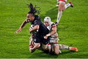 9 November 2020; TJ Ioane of Glasgow Warriors is tackled by Marcell Coetzee, left, and Michael Lowry of Ulster during the Guinness PRO14 match between Ulster and Glasgow Warriors at the Kingspan Stadium in Belfast. Photo by Ramsey Cardy/Sportsfile