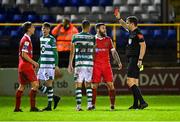 9 November 2020; Gary Deegan of Shelbourne, centre, is shown a red card by referee Robert Harvey during the SSE Airtricity League Premier Division match between Shelbourne and Shamrock Rovers at Tolka Park in Dublin. Photo by Seb Daly/Sportsfile