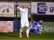 9 November 2020; Kurtis Byrne of Waterford reacts to a missed shot on goal during the SSE Airtricity League Premier Division match between Finn Harps and Waterford at Finn Park in Ballybofey, Donegal. Photo by Harry Murphy/Sportsfile