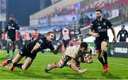 9 November 2020; Sean Reidy of Ulster dives over to score his side's fifth try during the Guinness PRO14 match between Ulster and Glasgow Warriors at the Kingspan Stadium in Belfast. Photo by Ramsey Cardy/Sportsfile