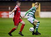 9 November 2020; Rhys Marshall of Shamrock Rovers in action against Alex O'Hanlon of Shelbourne during the SSE Airtricity League Premier Division match between Shelbourne and Shamrock Rovers at Tolka Park in Dublin. Photo by Seb Daly/Sportsfile