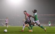 9 November 2020; Adam Hammill of Derry City in action against Henry Ochieng of Cork City during the SSE Airtricity League Premier Division match between Cork City and Derry City at Turners Cross in Cork. Photo by Eóin Noonan/Sportsfile