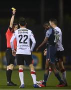 9 November 2020; Referee Derek Tomney shows Junior Ogedi-Uzokwe of Sligo Rovers a yellow card during the SSE Airtricity League Premier Division match between Dundalk and Sligo Rovers at Oriel Park in Dundalk, Louth. Photo by Sam Barnes/Sportsfile