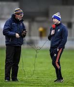 8 November 2020; Longford GAA commentator on Shannonside Radio John Duffy, left, interviews Longford manager Padraic Davis after the Leinster GAA Football Senior Championship Quarter-Final match between Longford and Laois at Glennon Brothers Pearse Park in Longford. Photo by Ray McManus/Sportsfile