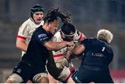 9 November 2020; Marcell Coetzee of Ulster is tackled by TJ Ioane, left, and Aki Seiuli of Glasgow Warriors during the Guinness PRO14 match between Ulster and Glasgow Warriors at the Kingspan Stadium in Belfast. Photo by Ramsey Cardy/Sportsfile